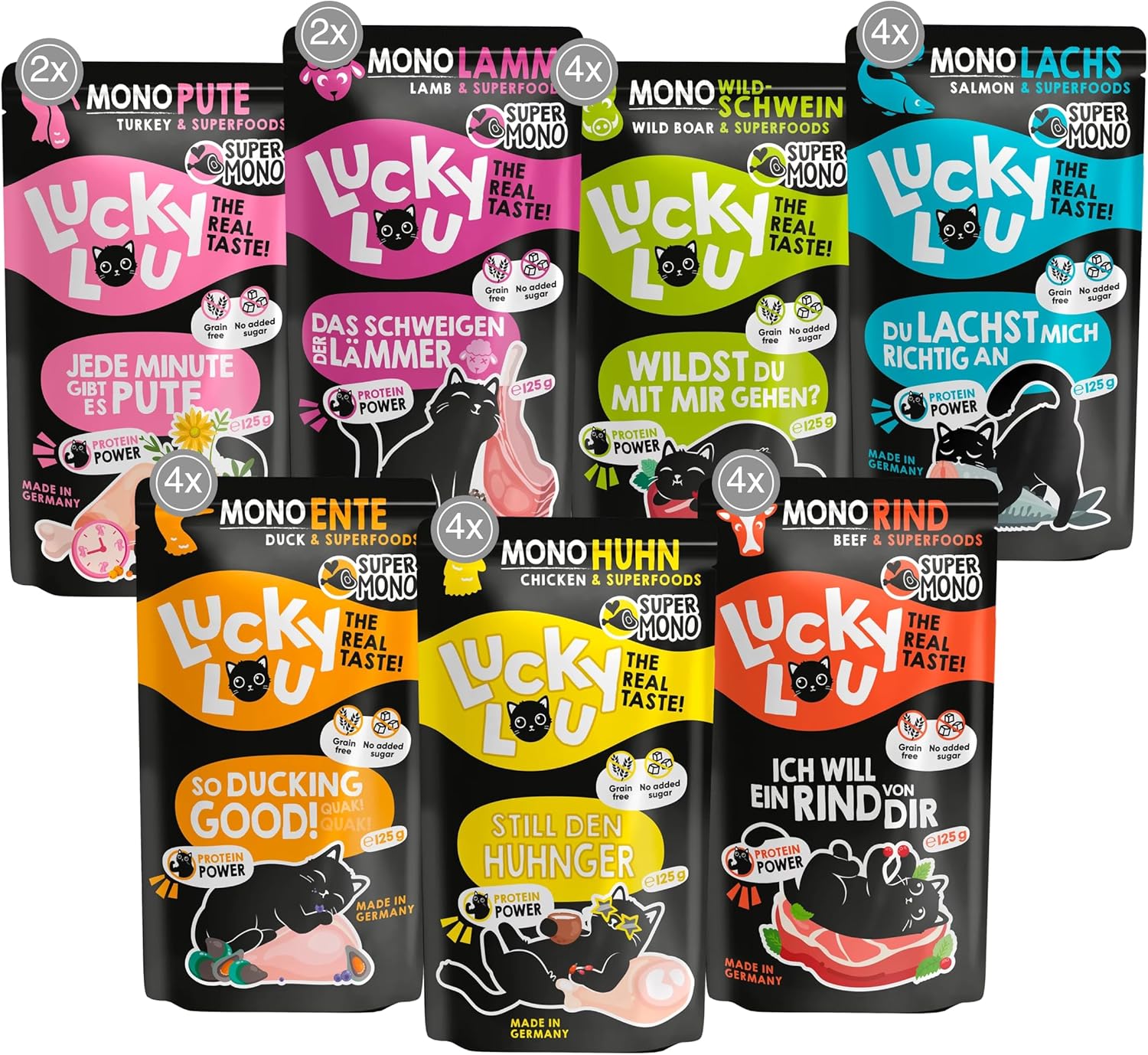 Lucky Lou SuperMono² Mix Nassfutter für Katzen – hochwertiges Katzenfutter mit viel Protein – Nassfutter getreidefrei & ohne Zucker für ausgewachsene Katzen (125 g (24 Stück)) Lucky Lou SuperMono² Mix Nassfutter für Katzen – hochwertiges Katzenfutter mit viel Protein – Nassfutter getreidefrei & ohne Zucker für ausgewachsene Katzen (125 g (24 Stück))